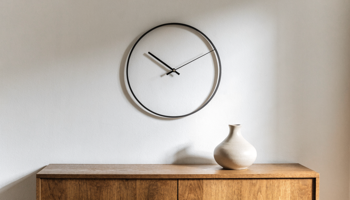 Horloge murale design à cadre fin sur un mur clair, salon contemporain Image