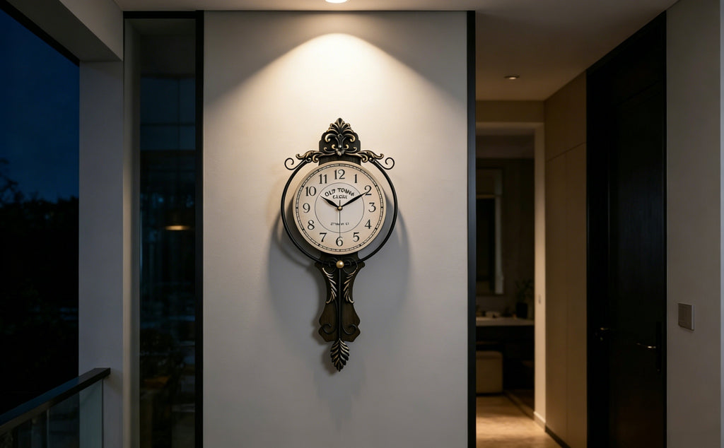 Horloge murale en fer, irrégulière, allure rétro, mise en situation