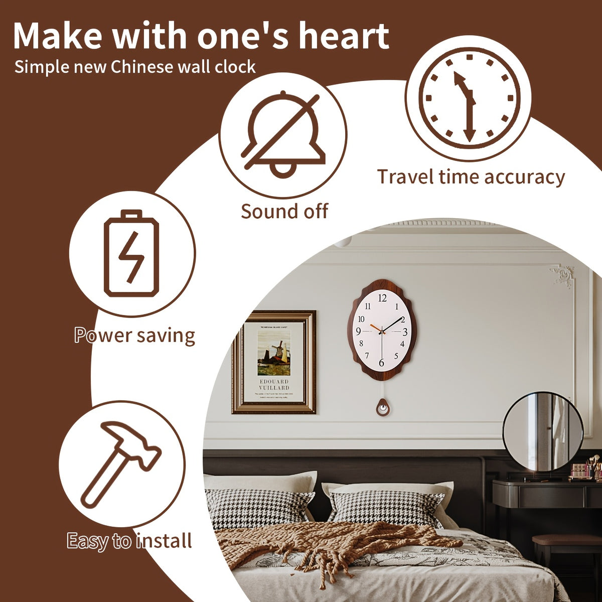 Horloge murale en bois, ovale, silencieuse, sans tic-tac, gros plan
