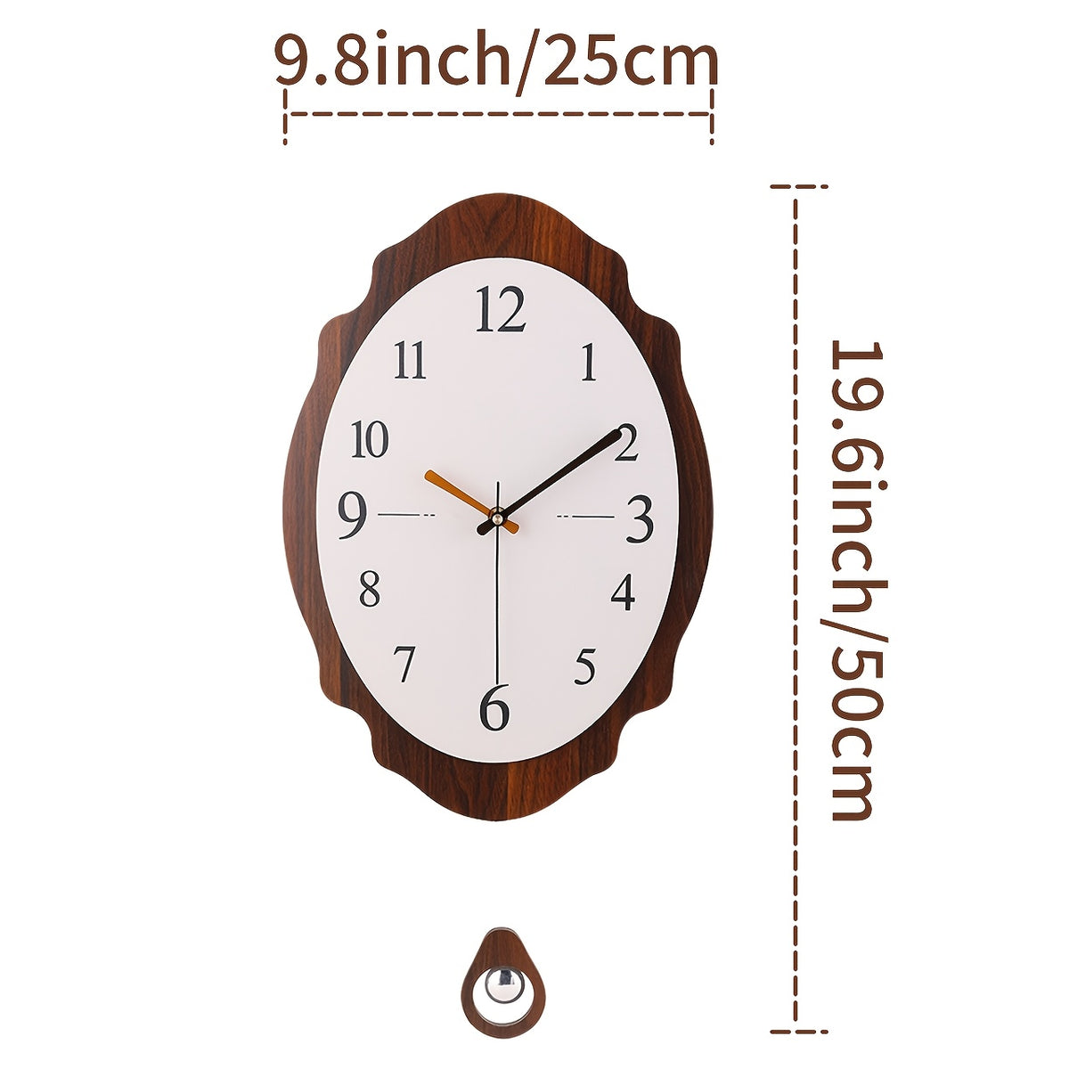 Horloge murale en bois, ovale, silencieuse, sans tic-tac, vue de dos