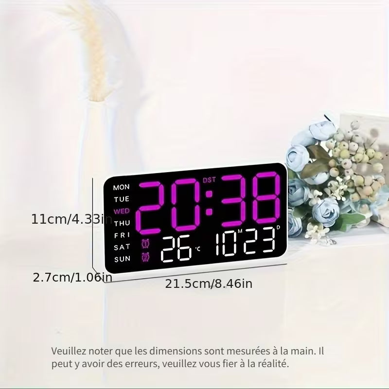 Horloge murale numérique LED noire — Date, jour et réveil vocal