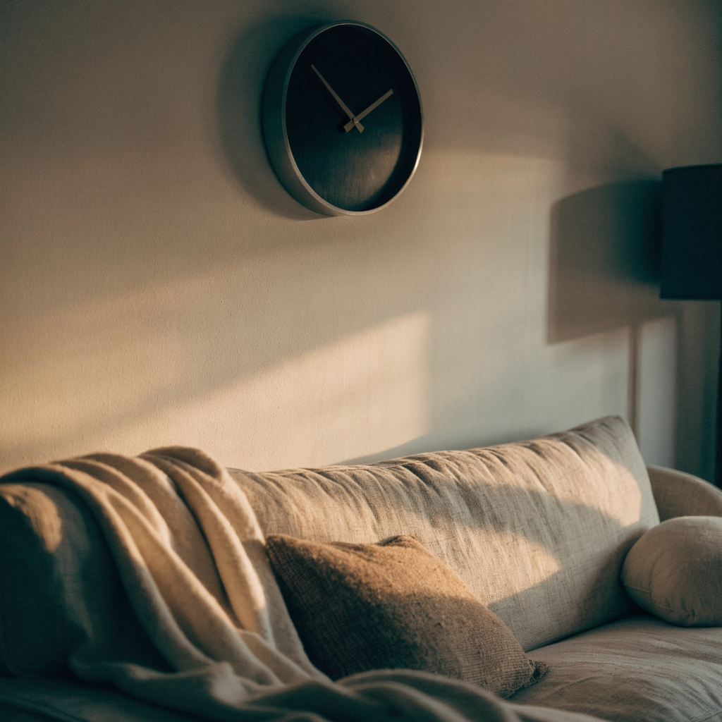 Horloge murale au-dessus d un canapé dans un coin salon chaleureux
