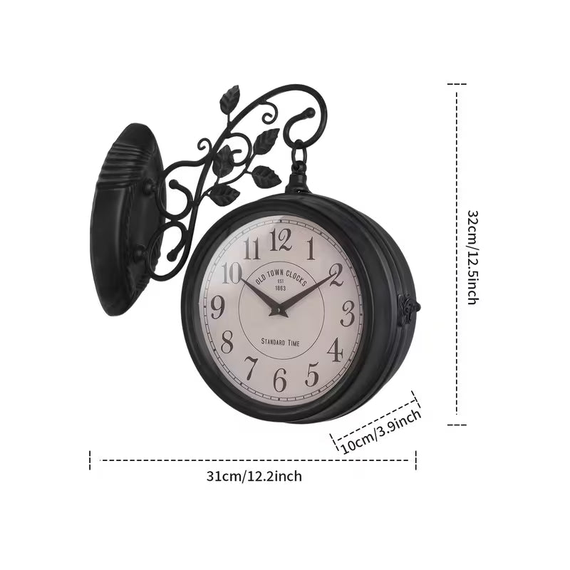 Horloge murale double face en métal noir, style rétro de gare