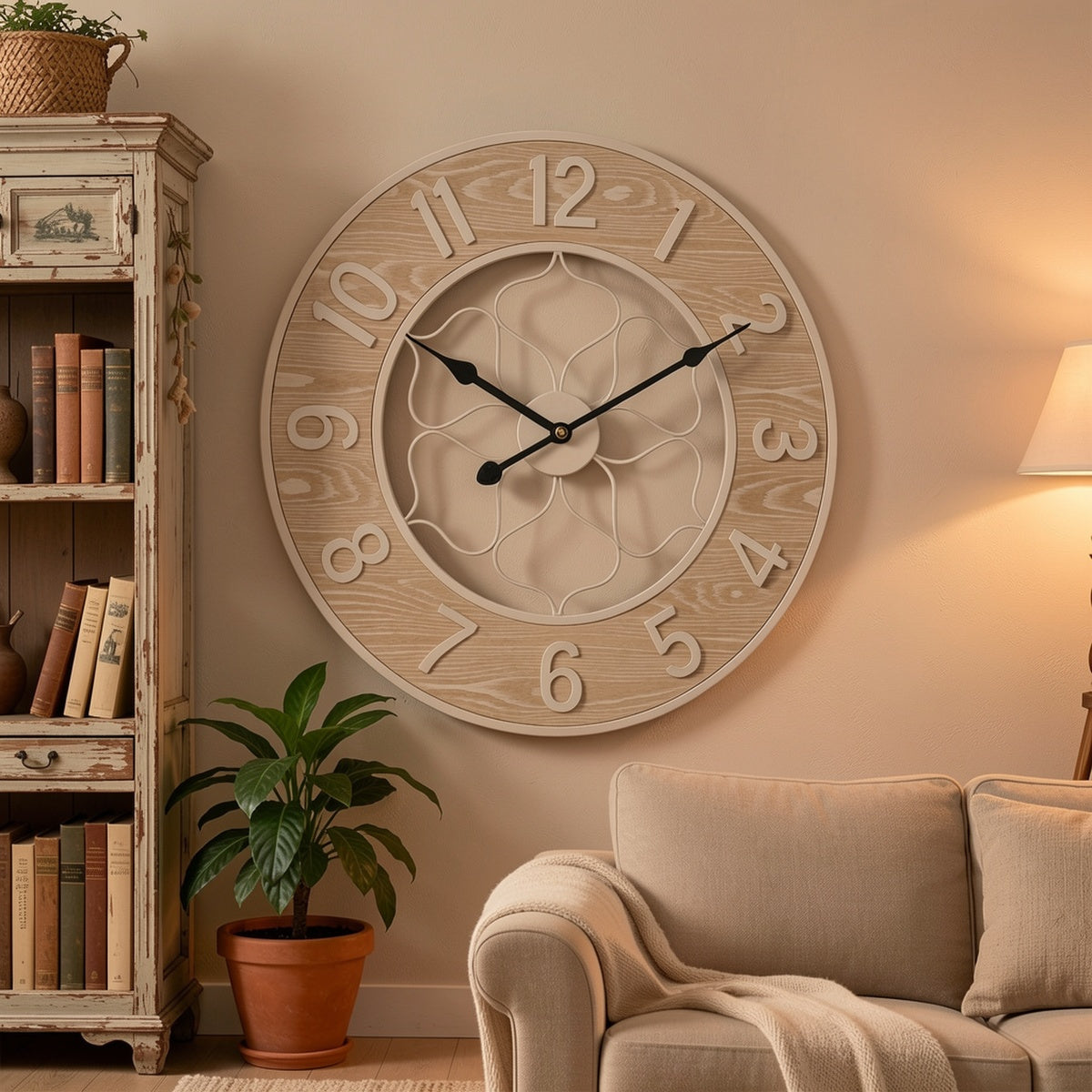 Horloge murale en bois clair de 60 cm à rosace ajourée blanche