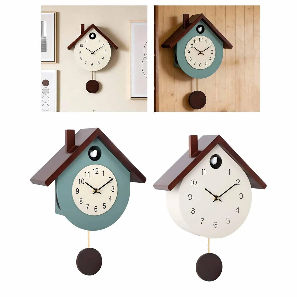 Horloge murale en bois maison à balancier, bleu ou crème