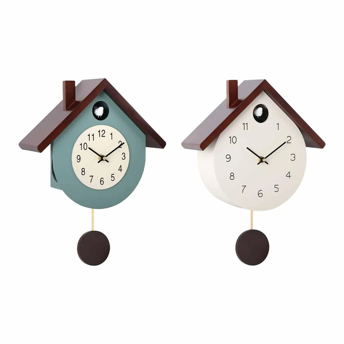 Horloge murale en bois maison à balancier, bleu ou crème