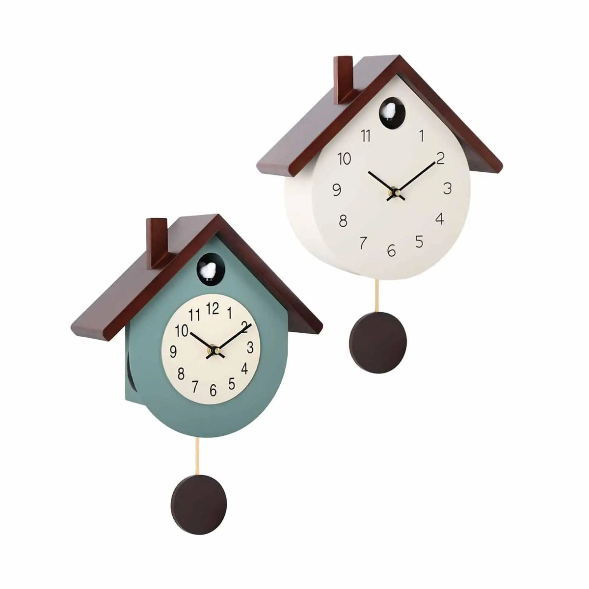 Horloge murale en bois maison à balancier, bleu ou crème