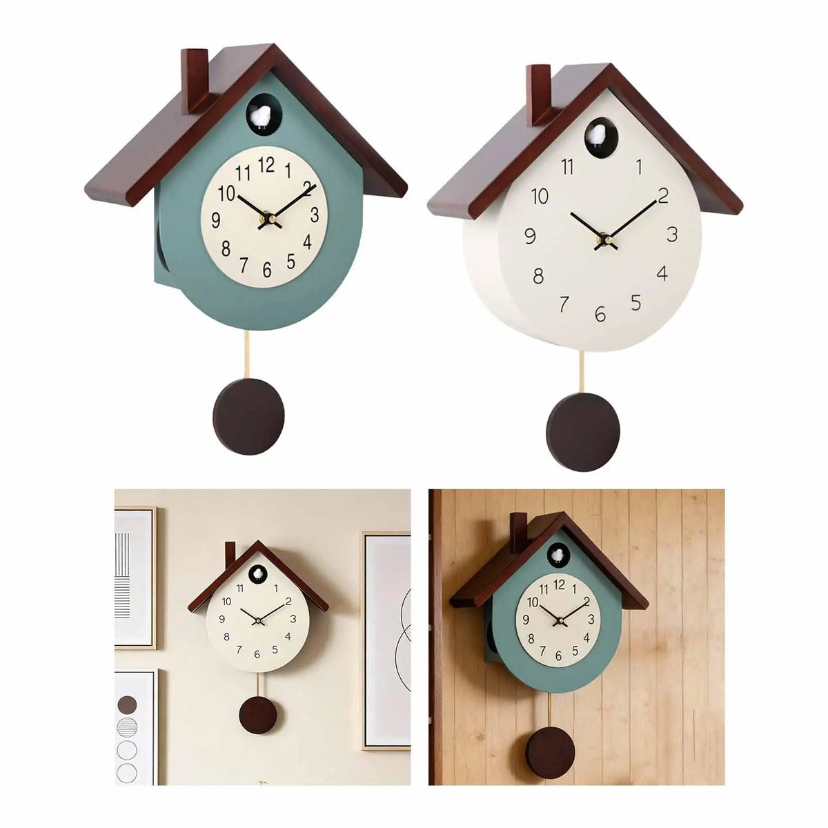 Horloge murale en bois maison à balancier, bleu ou crème