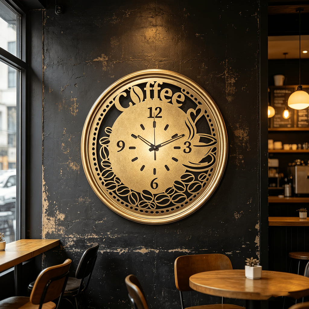 Horloge murale café en métal ajouré 40 cm, noir ou doré