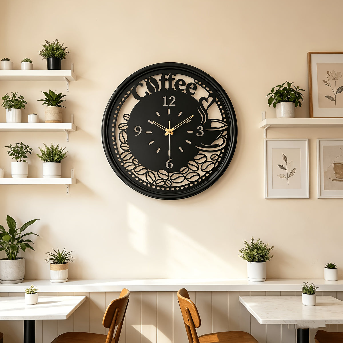 Horloge murale café en métal ajouré 40 cm, noir ou doré