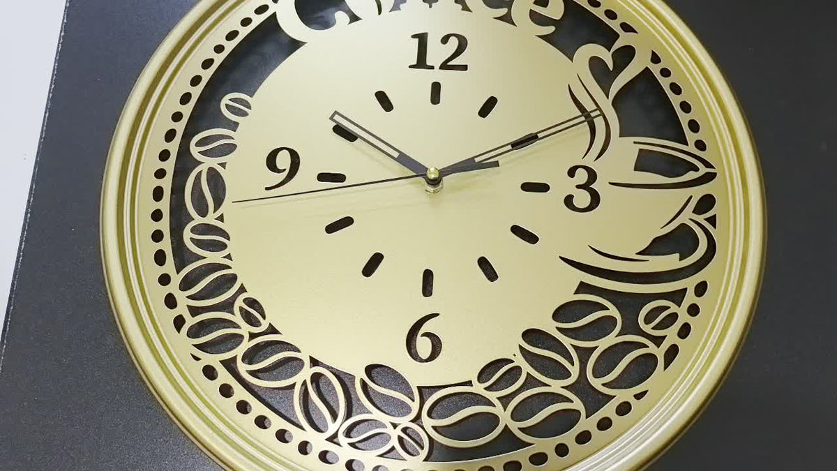 Horloge murale café en métal ajouré 40 cm, noir ou doré