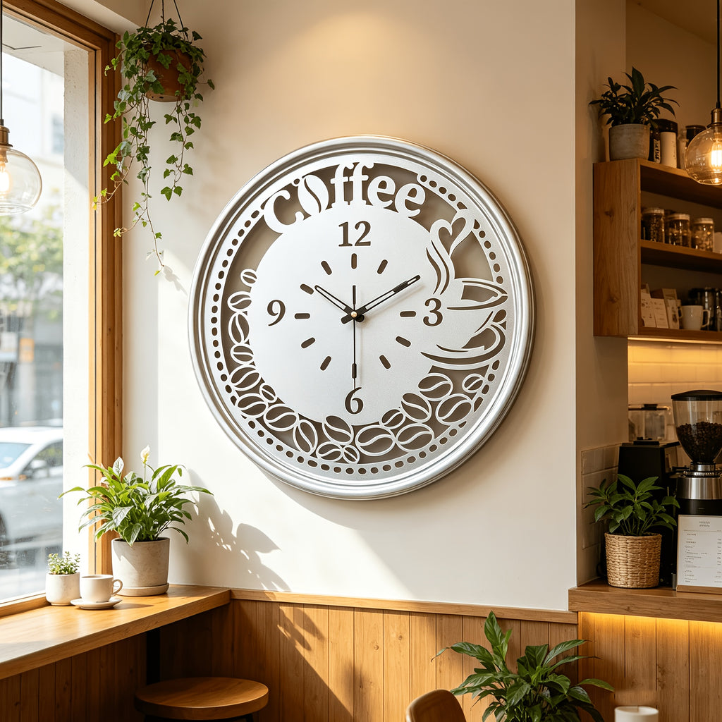 Horloge murale café en métal ajouré 40 cm, noir ou doré