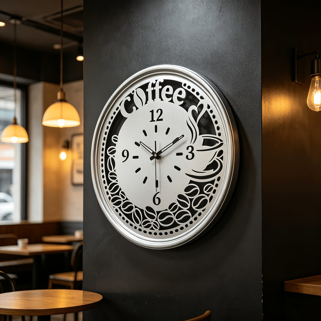 Horloge murale café en métal ajouré 40 cm, noir ou doré