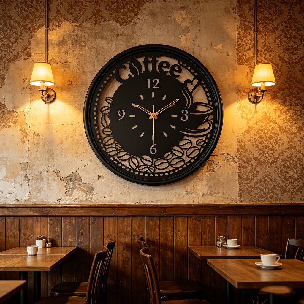 Horloge murale café en métal ajouré 40 cm, noir ou doré