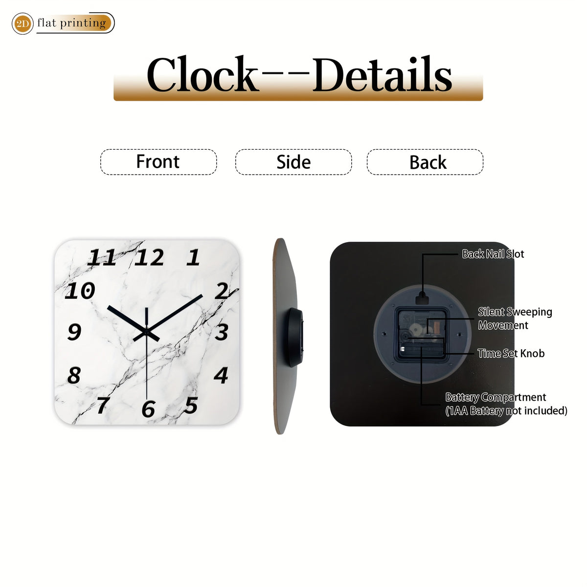 Horloge murale carrée 41 cm au décor marbre blanc veiné