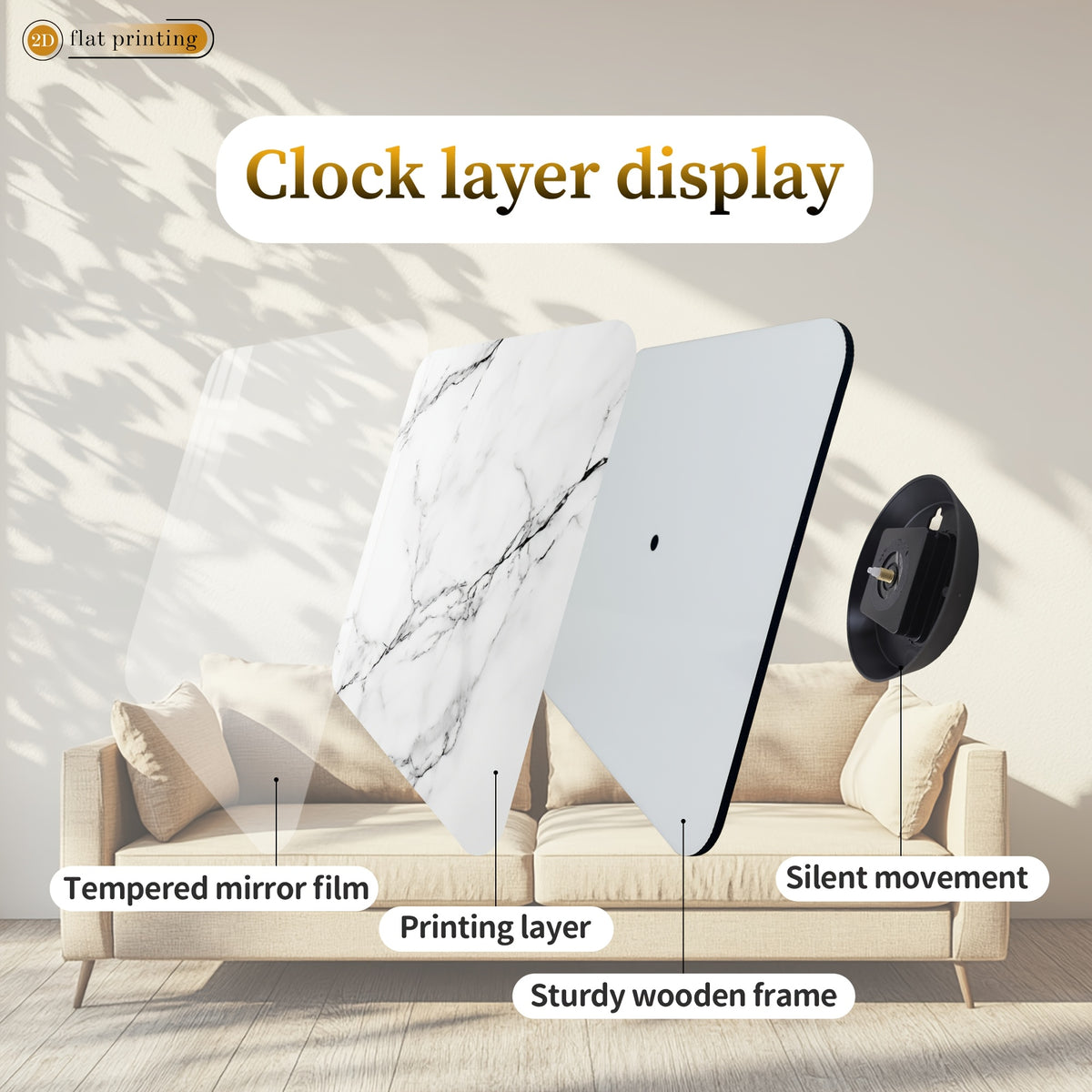 Horloge murale carrée 41 cm au décor marbre blanc veiné