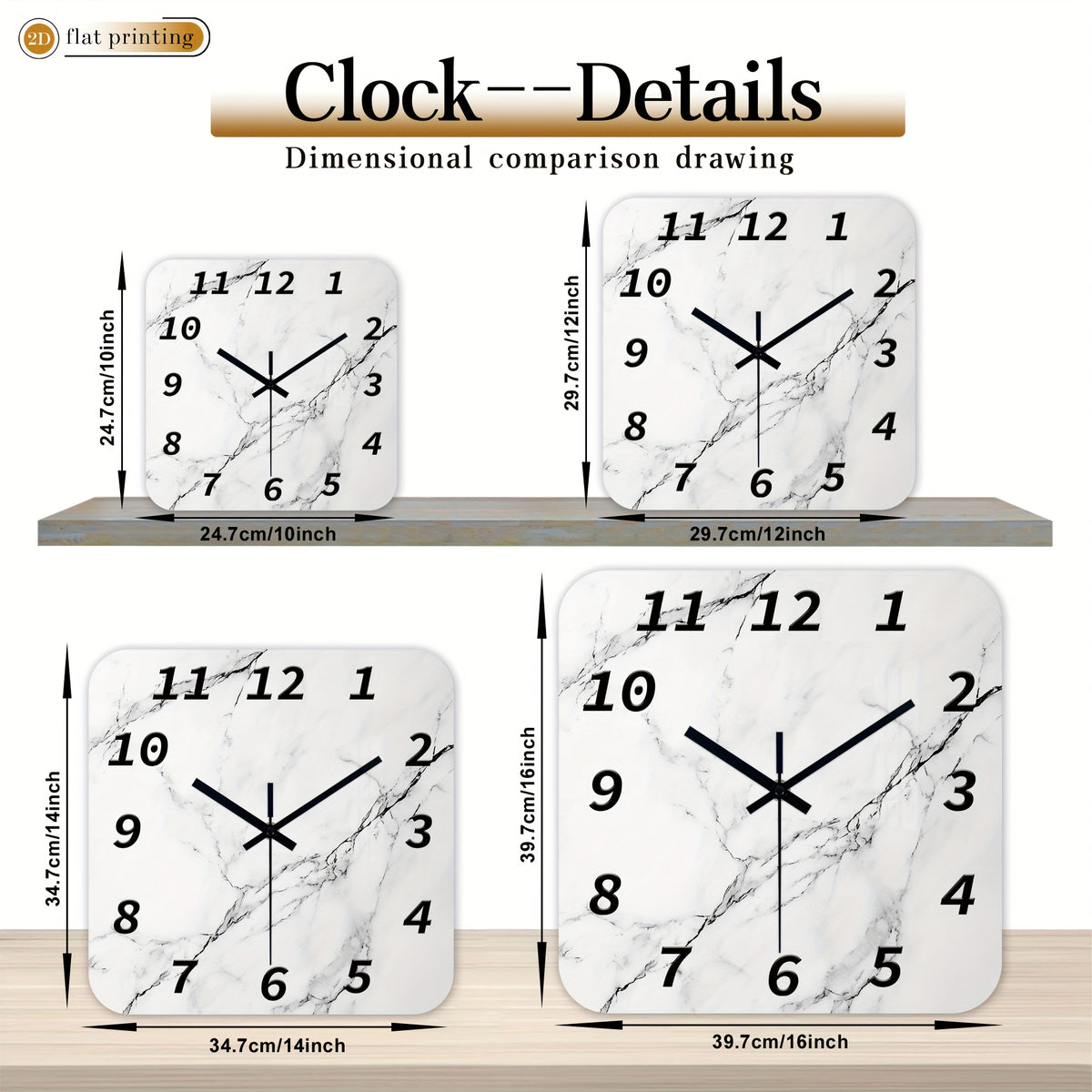 Horloge murale carrée 41 cm au décor marbre blanc veiné