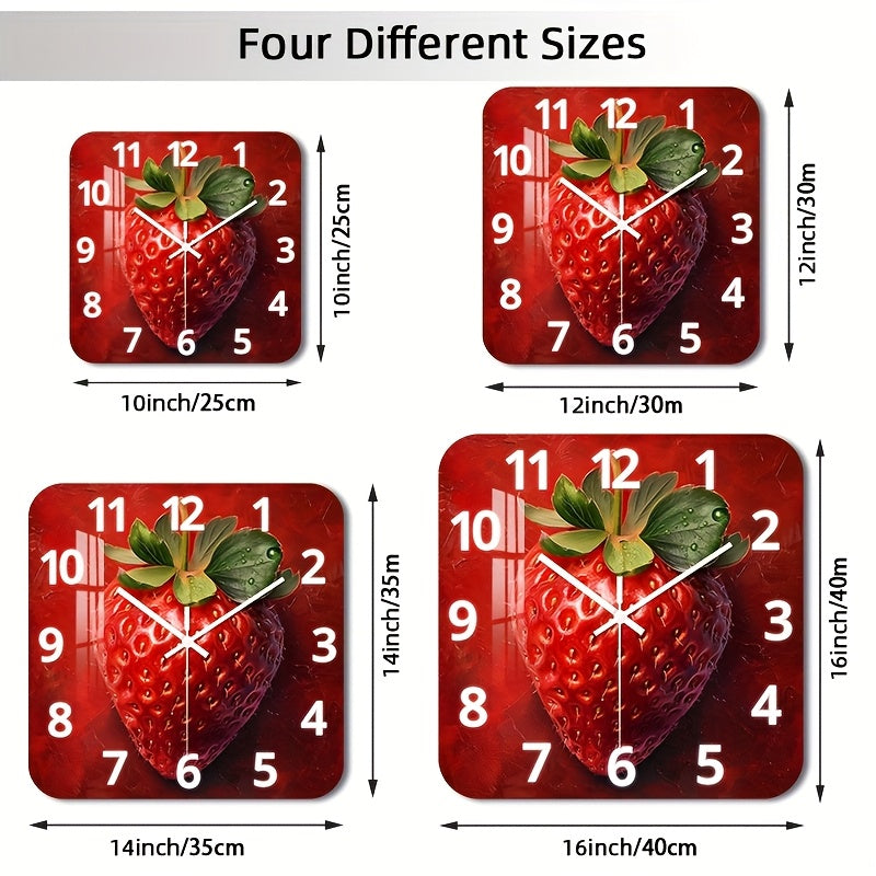 Horloge murale carrée à motif fraise pour un mur de cuisine