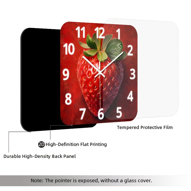 Horloge murale carrée à motif fraise pour un mur de cuisine