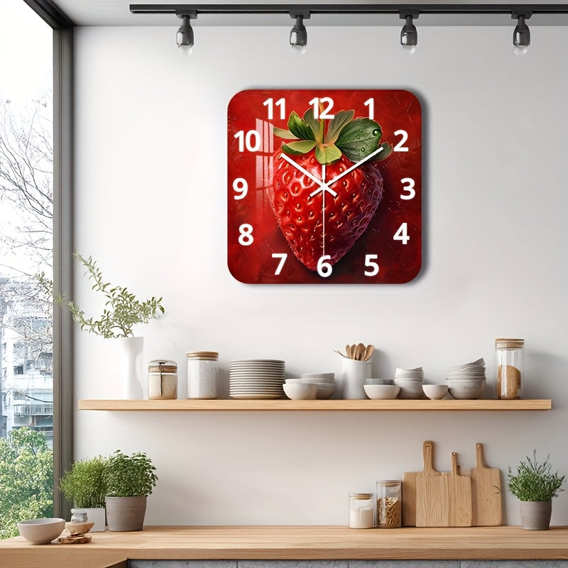 Horloge murale carrée à motif fraise pour un mur de cuisine