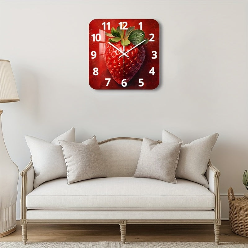 Horloge murale carrée à motif fraise pour un mur de cuisine