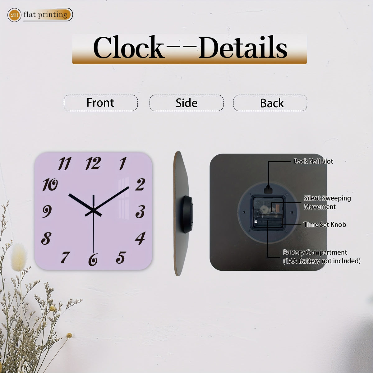 Horloge murale carrée teinte lilas aux chiffres italiques