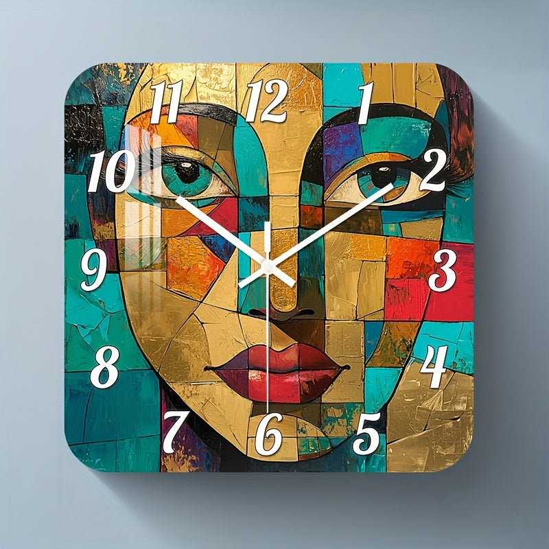 Horloge murale carrée à portrait cubiste doré et turquoise