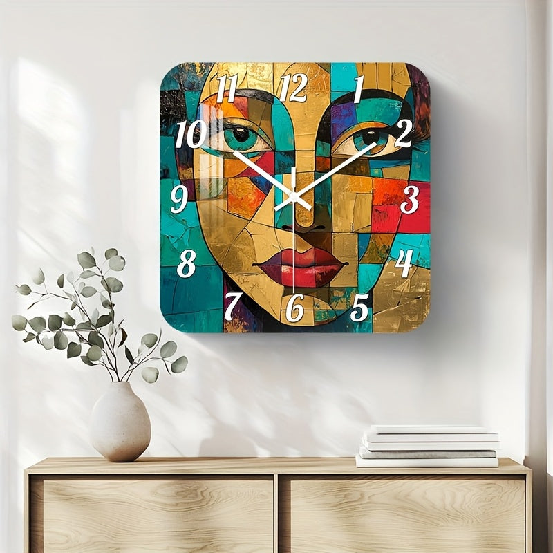 Horloge murale carrée à portrait cubiste doré et turquoise