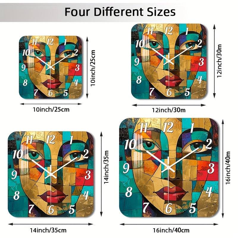 Horloge murale carrée à portrait cubiste doré et turquoise