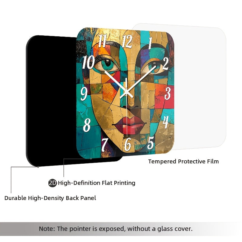 Horloge murale carrée à portrait cubiste doré et turquoise