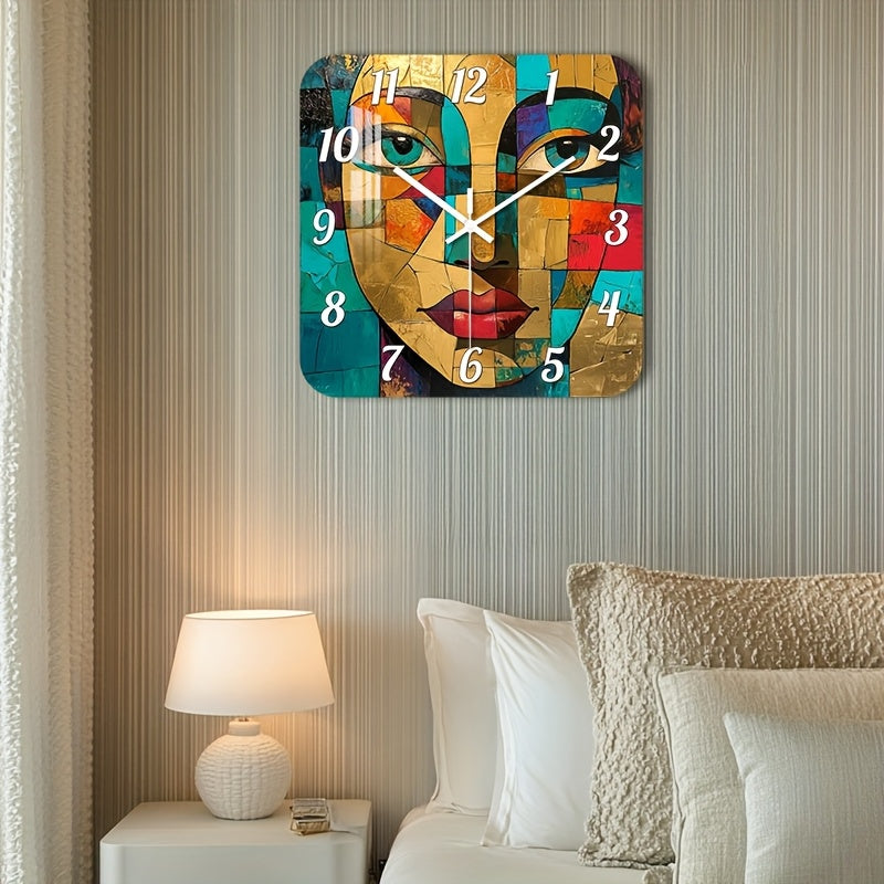 Horloge murale carrée à portrait cubiste doré et turquoise