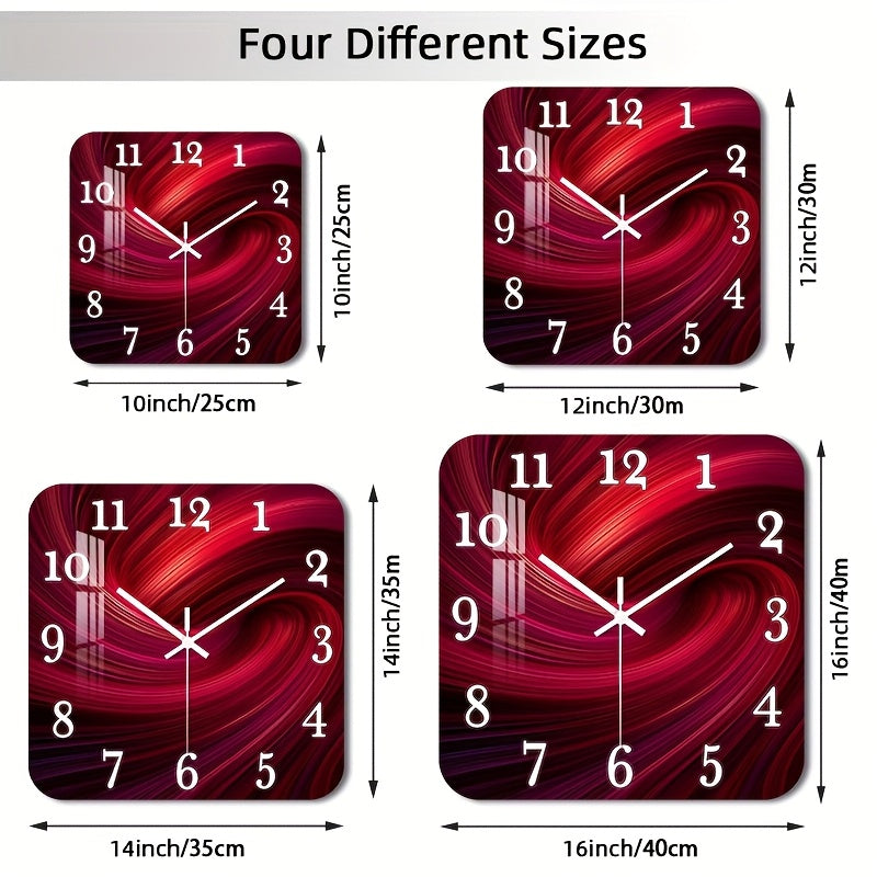 Horloge murale carrée rouge à effet tourbillon, 4 formats
