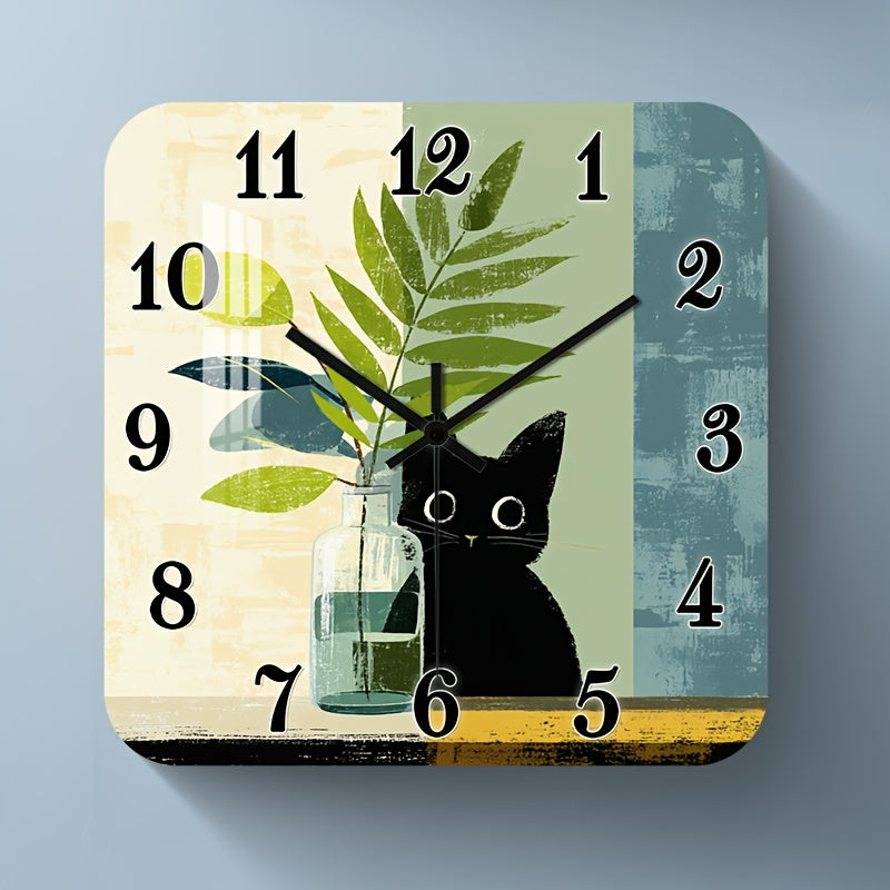 Horloge murale carrée scandinave, chat noir et feuillage