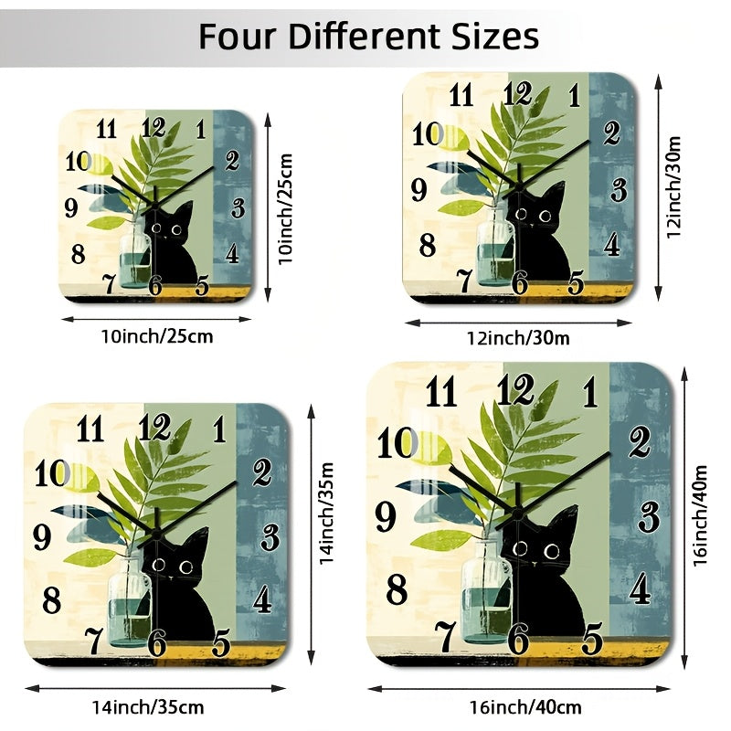Horloge murale carrée scandinave, chat noir et feuillage