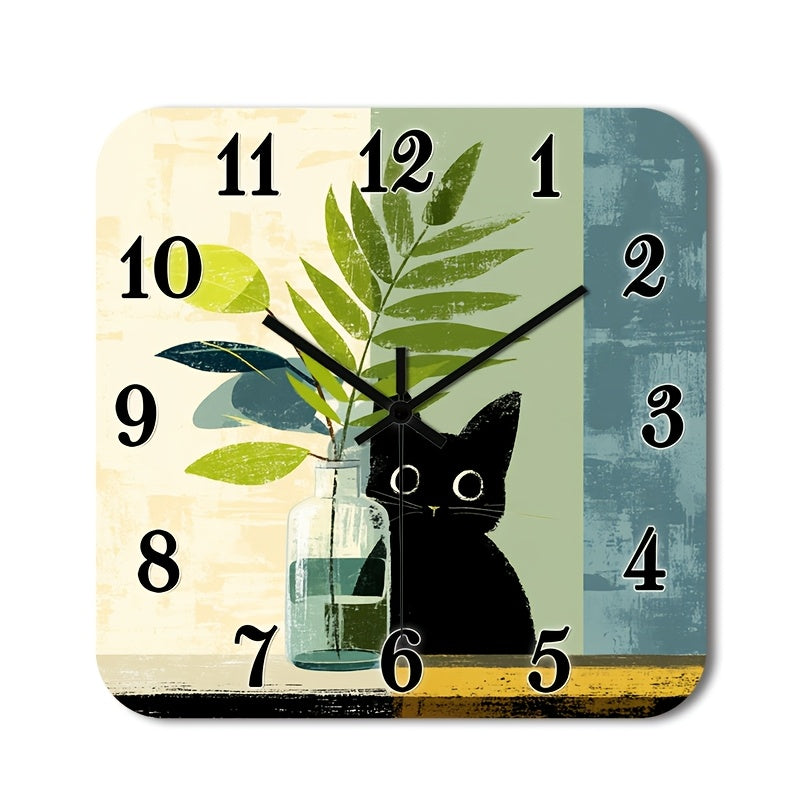 Horloge murale carrée scandinave, chat noir et feuillage