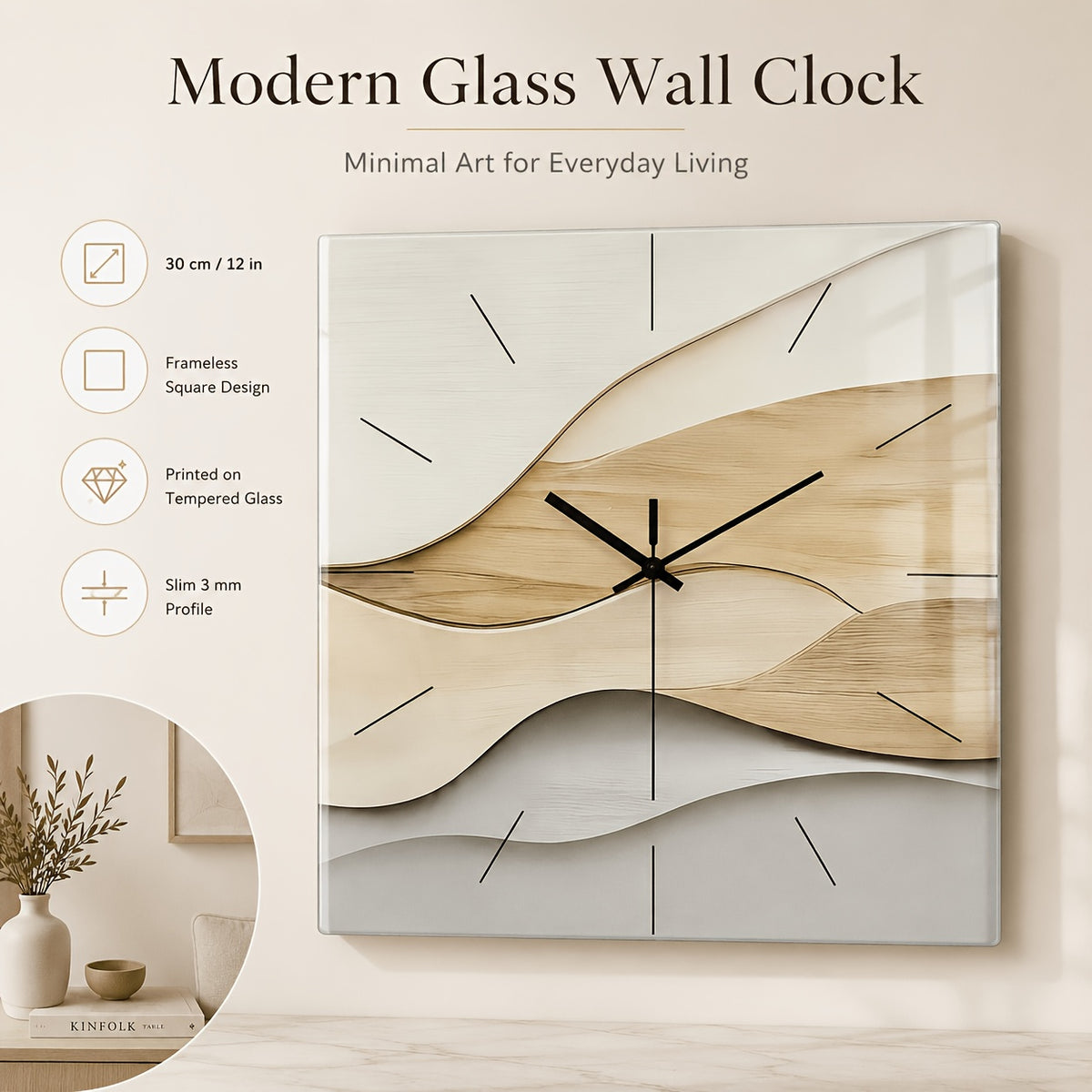 Horloge murale carrée en verre trempé, décor wabi-sabi 30 cm