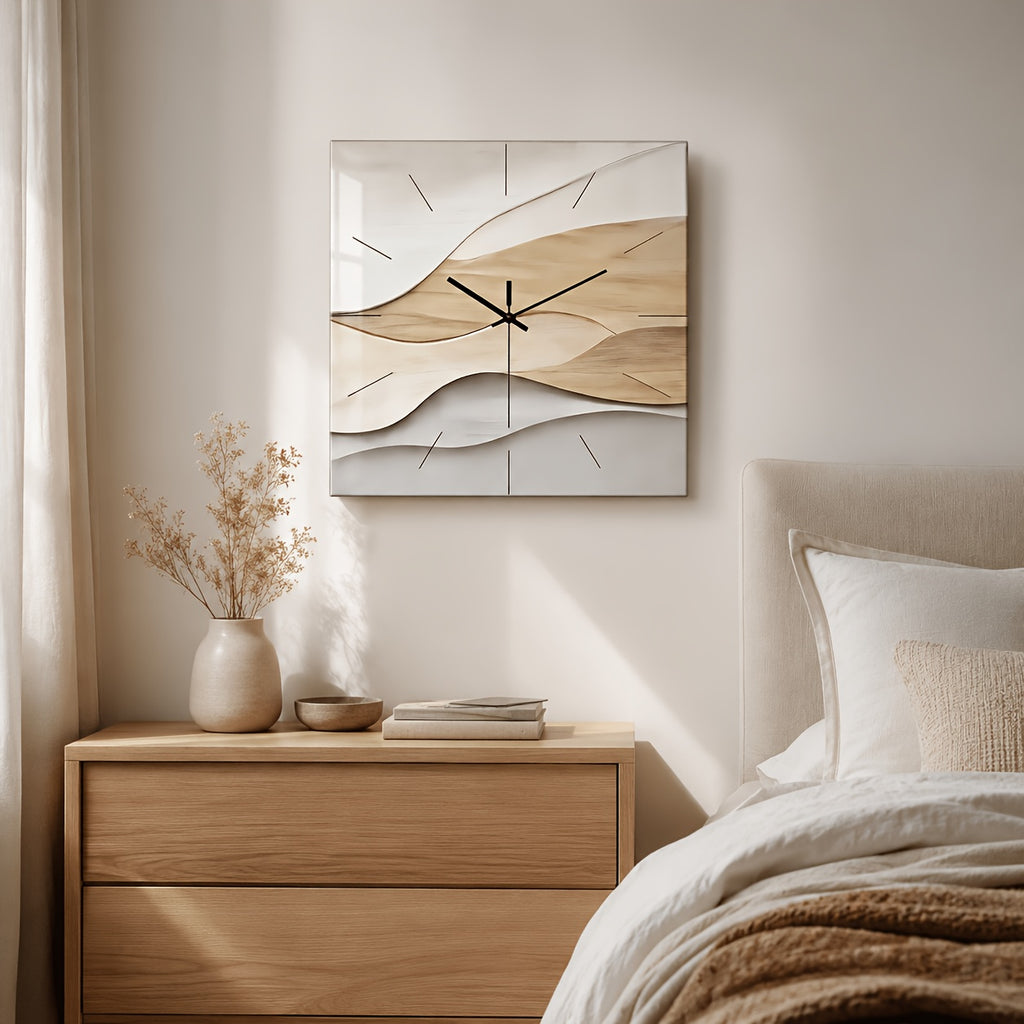 Horloge murale carrée en verre trempé, décor wabi-sabi 30 cm