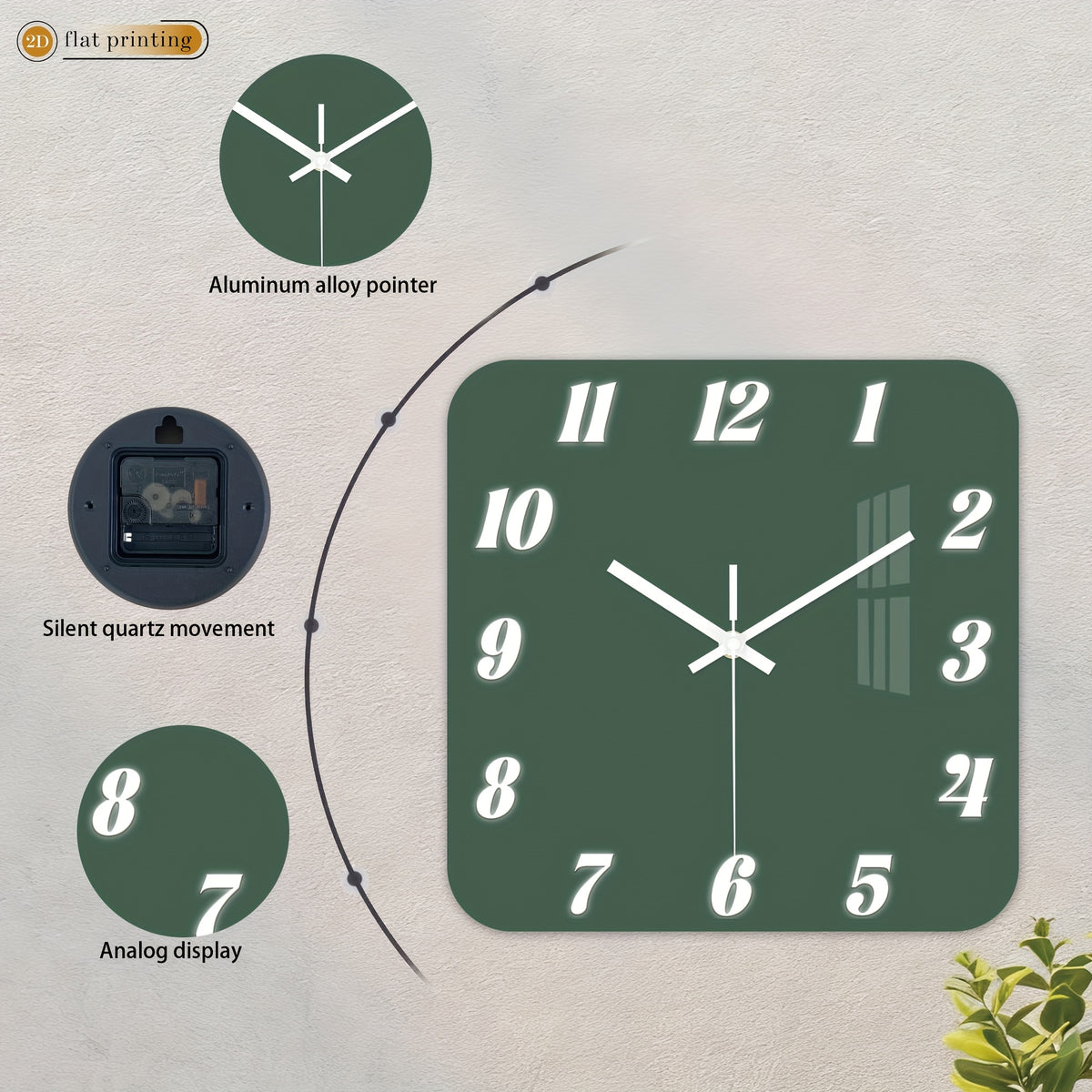 Horloge murale carrée vert sapin, trois formats au choix