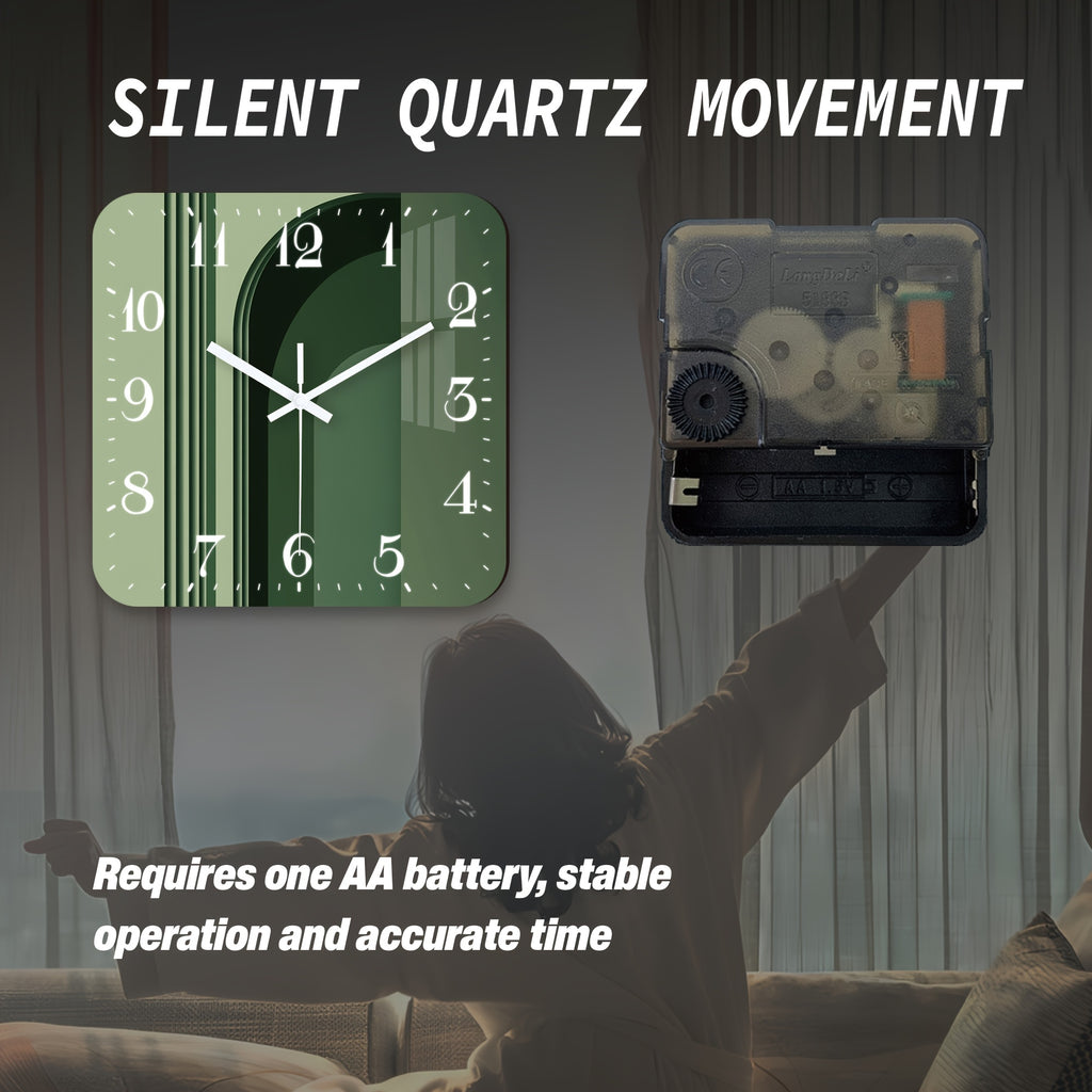 Horloge murale carrée vert sauge à décor d'arche graphique