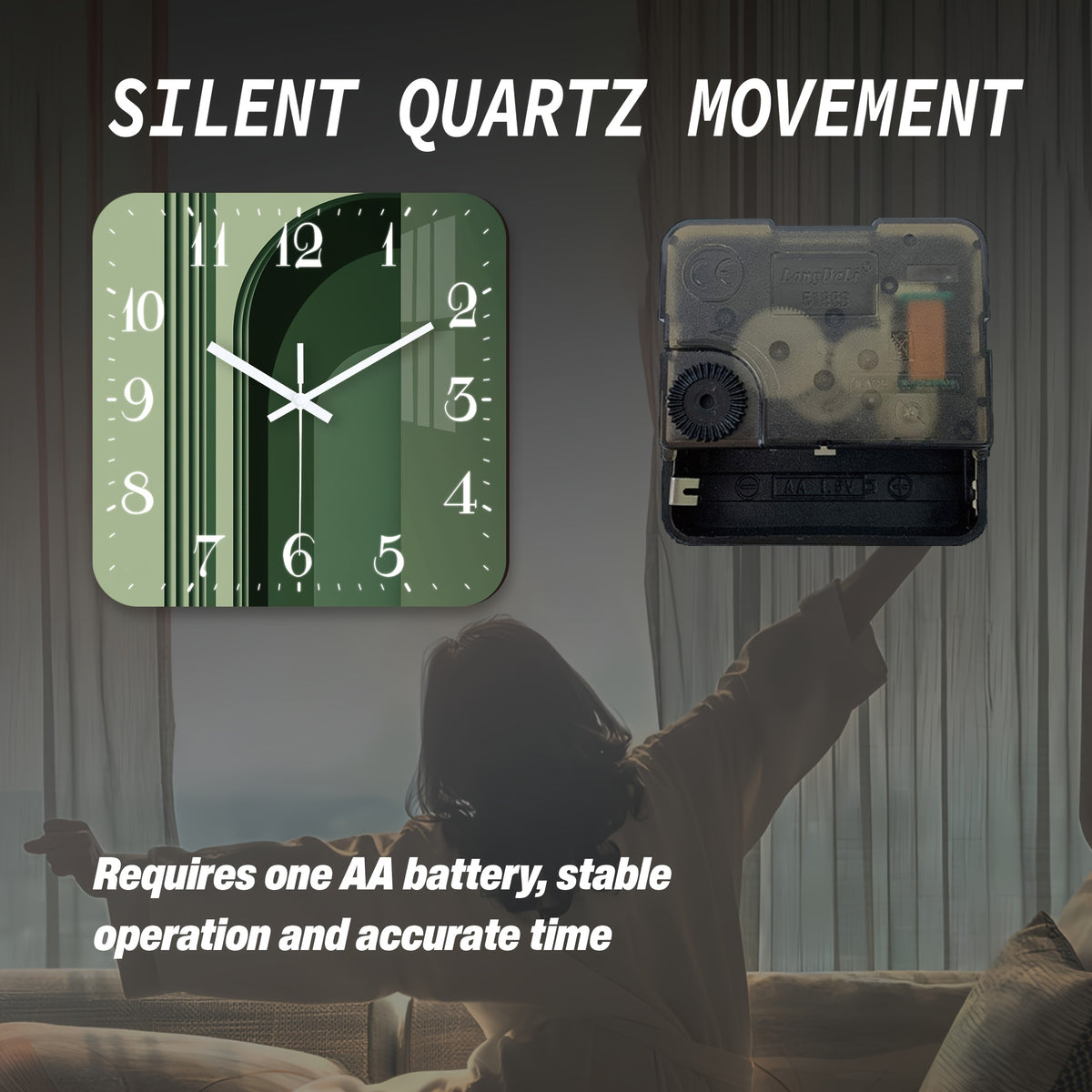 Horloge murale carrée vert sauge à décor d'arche graphique