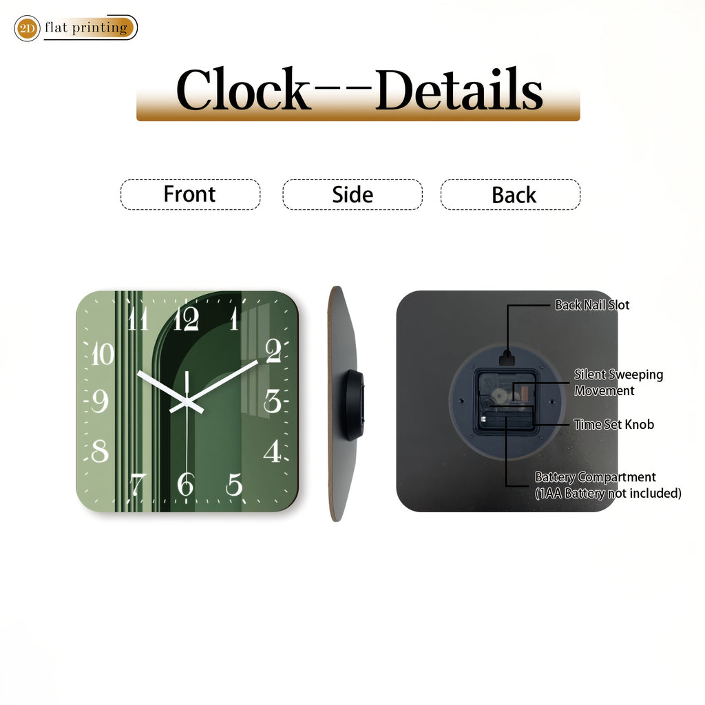 Horloge murale carrée vert sauge à décor d'arche graphique