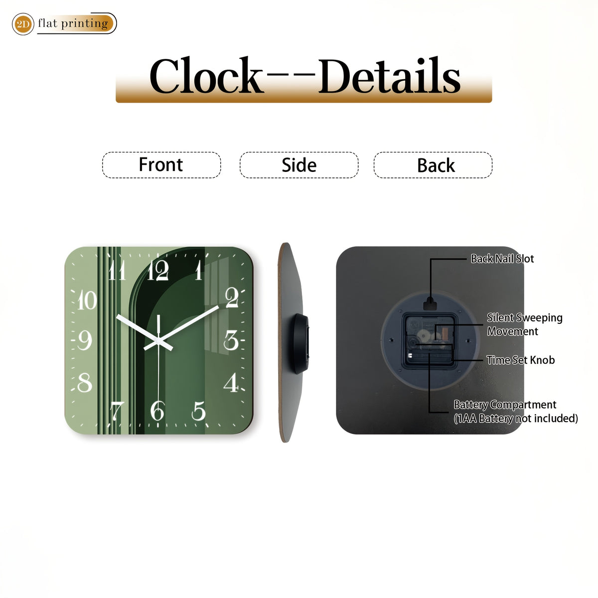 Horloge murale carrée vert sauge à décor d'arche graphique