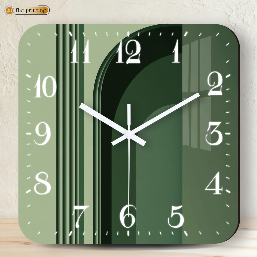 Horloge murale carrée vert sauge à décor d'arche graphique