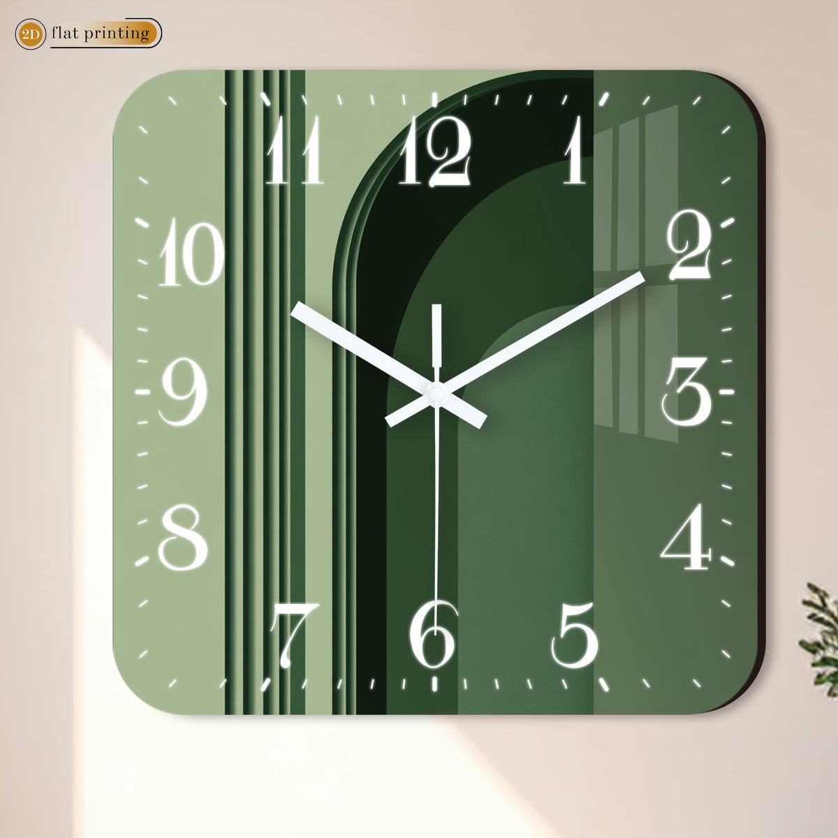 Horloge murale carrée vert sauge à décor d'arche graphique