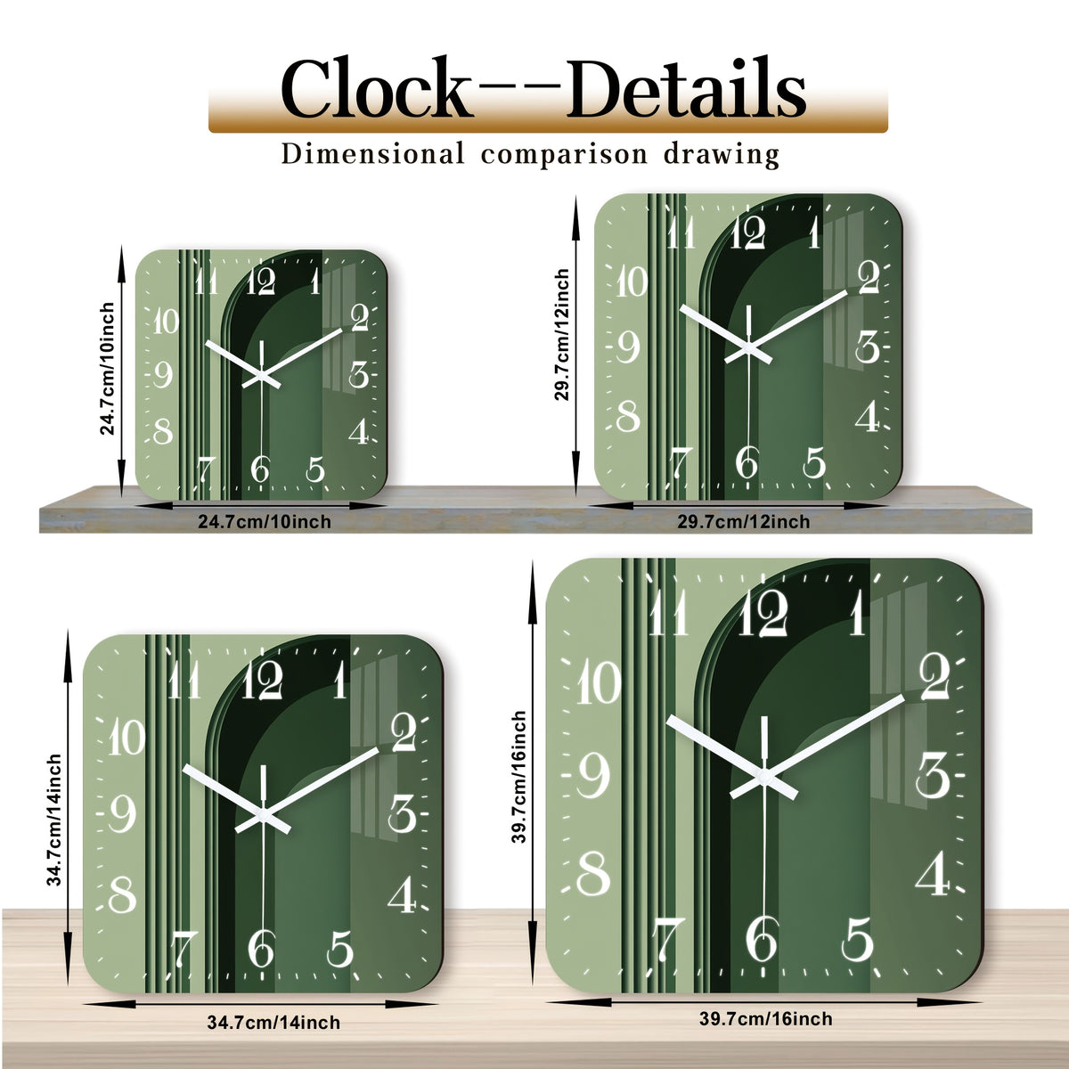 Horloge murale carrée vert sauge à décor d'arche graphique