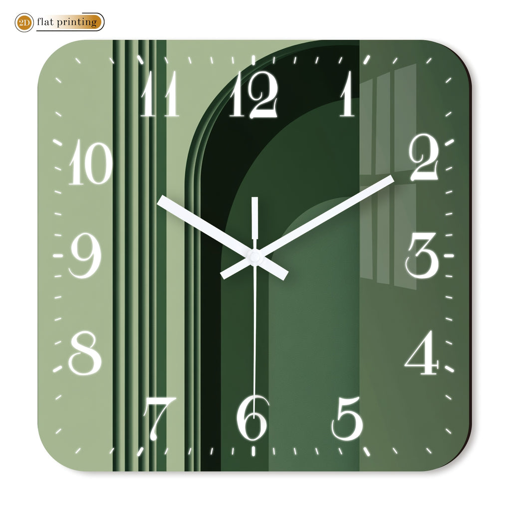 Horloge murale carrée vert sauge à décor d'arche graphique