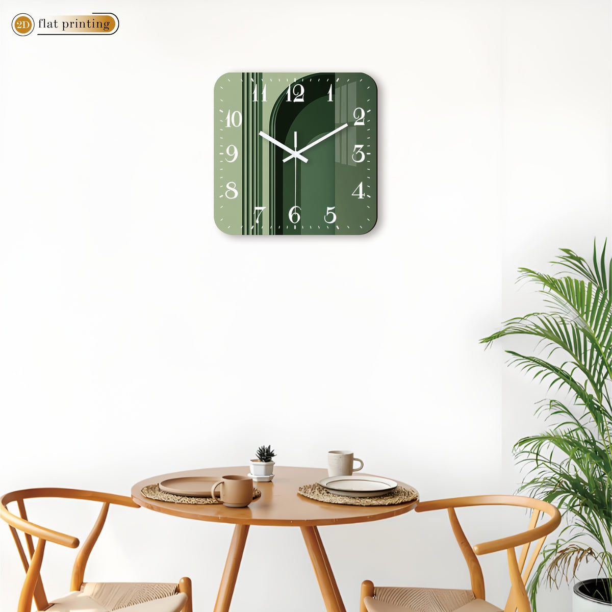 Horloge murale carrée vert sauge à décor d'arche graphique