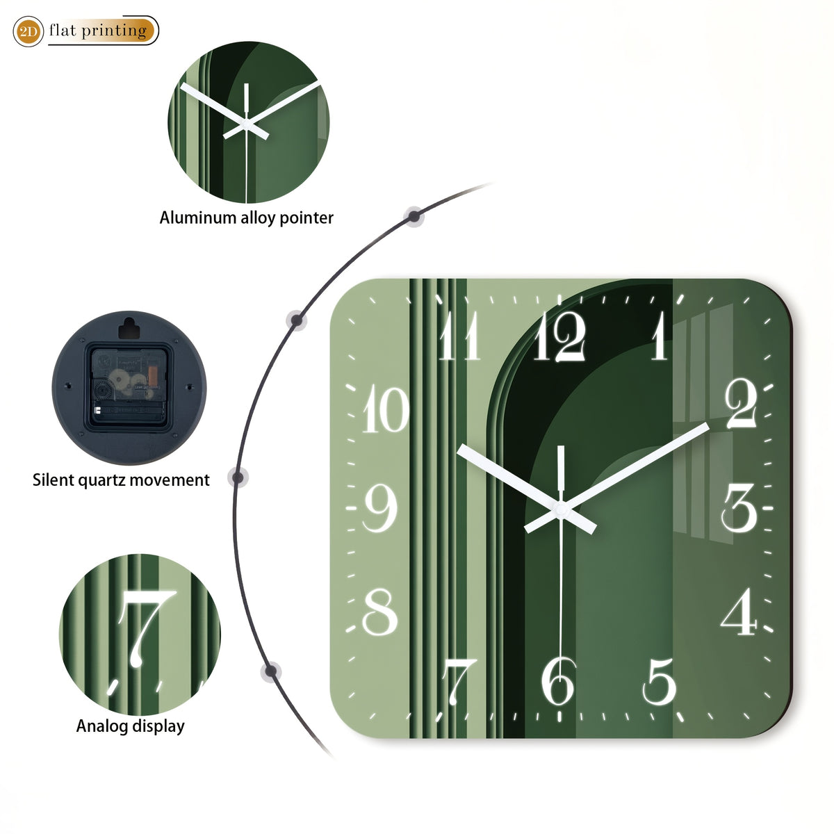 Horloge murale carrée vert sauge à décor d'arche graphique