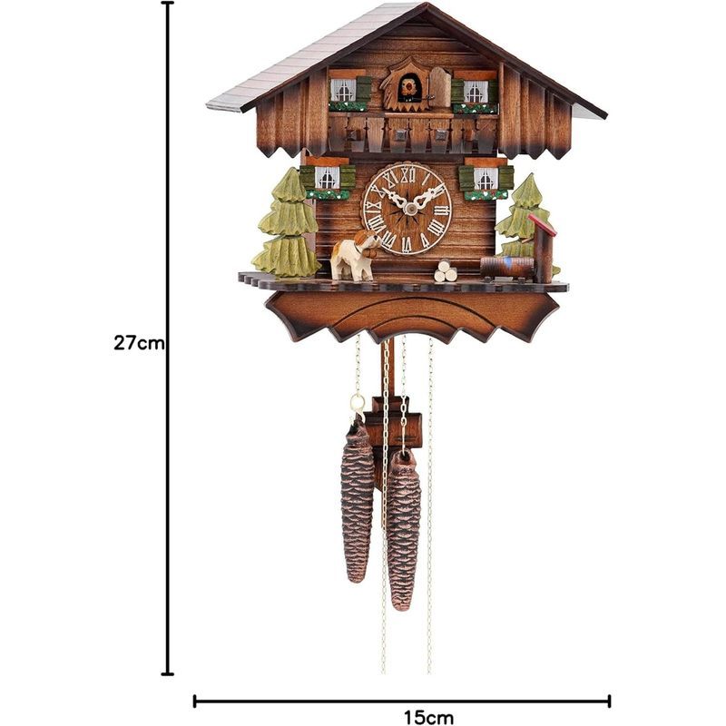 Horloge murale à coucou 15x27 cm, maisonnette et chien blanc