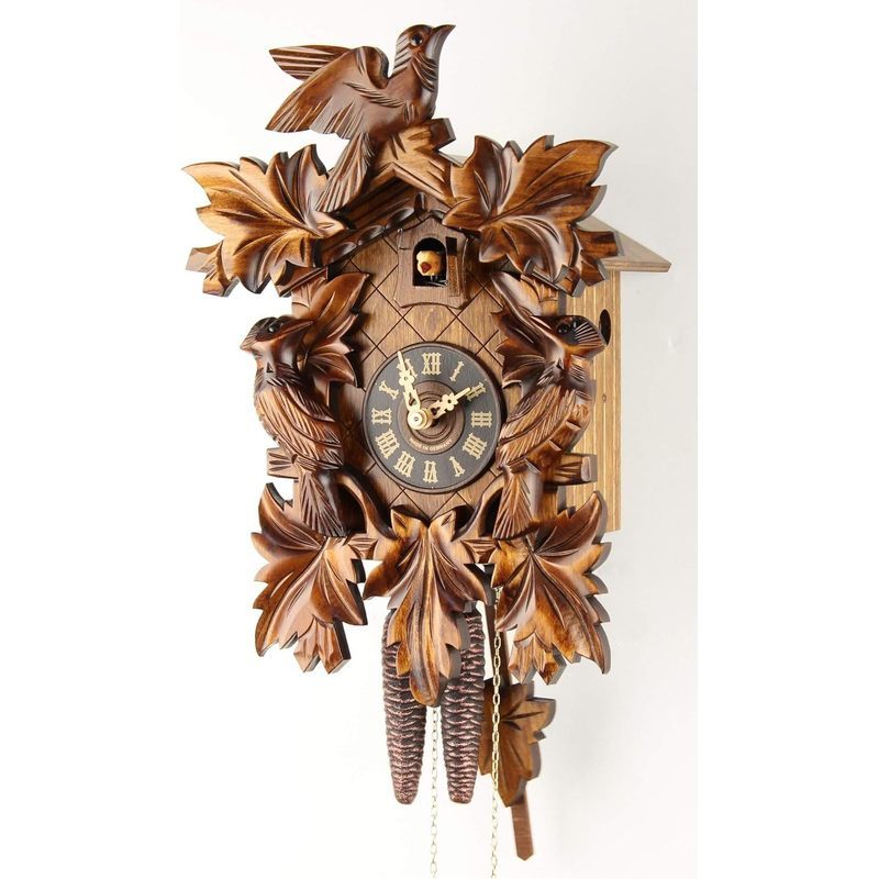 Horloge murale à coucou 23x35 cm, feuillage et trois oiseaux